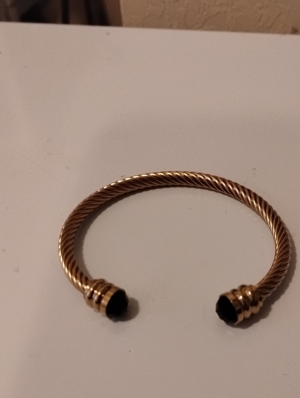 Gold Twisted Cable Open Cuff Bracelet with Black End Caps 7"